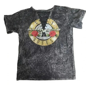 Guns N' Roses Band Women Tee Acid Wash Crop Top T-Shirt Laced V Neck Black M